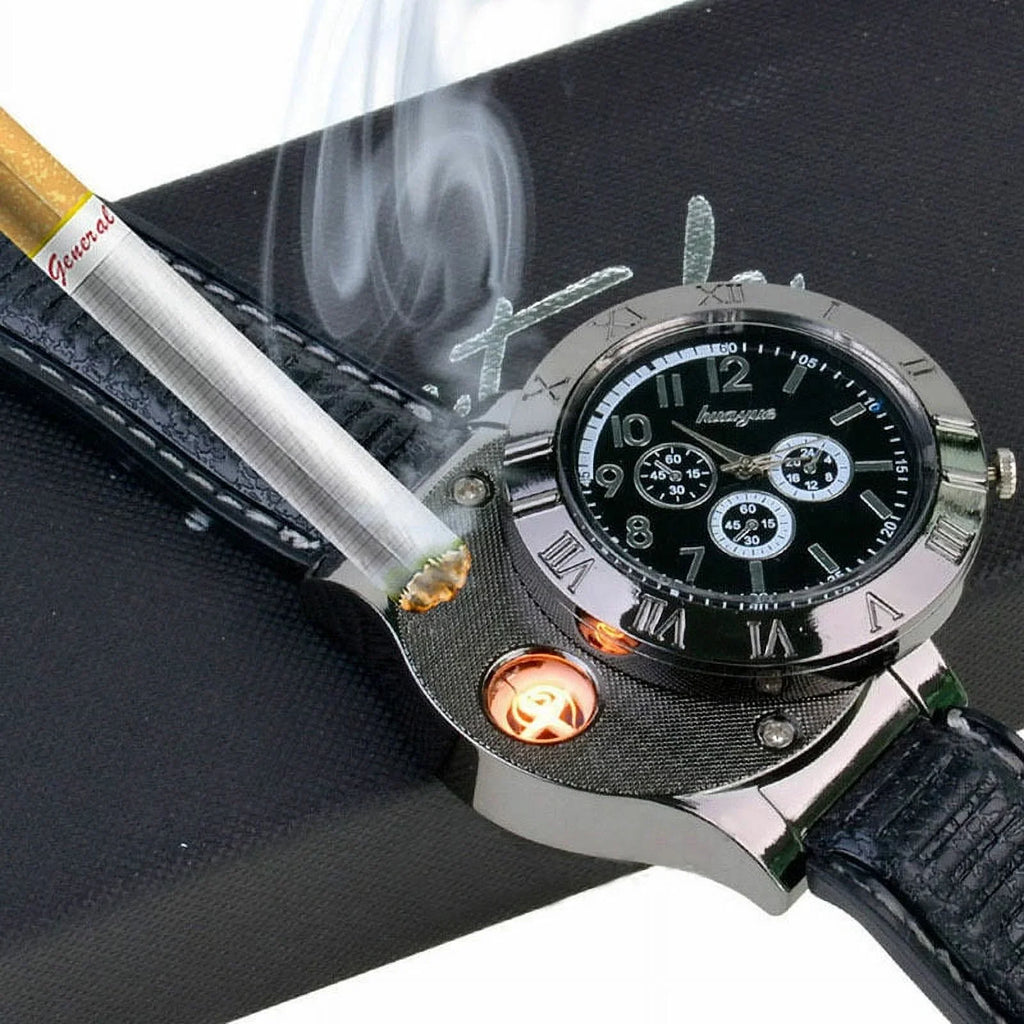 Men's Lighter Watch Flameless Outdoor Windproof USB Watch USB Rechargeable Rubber Strap Gift