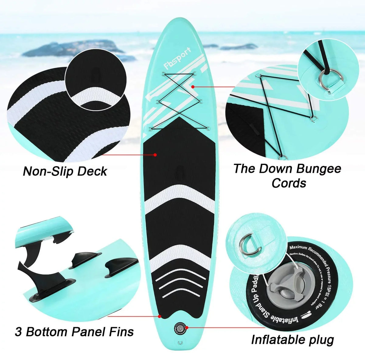 FBsport 10 Ft. Brushed Thickening Inflatable Stand up Paddle Board with Complete Accessories and Carry Bag, Wide Stance, Surf Control, Non-Slip Deck, Standing Ship Green