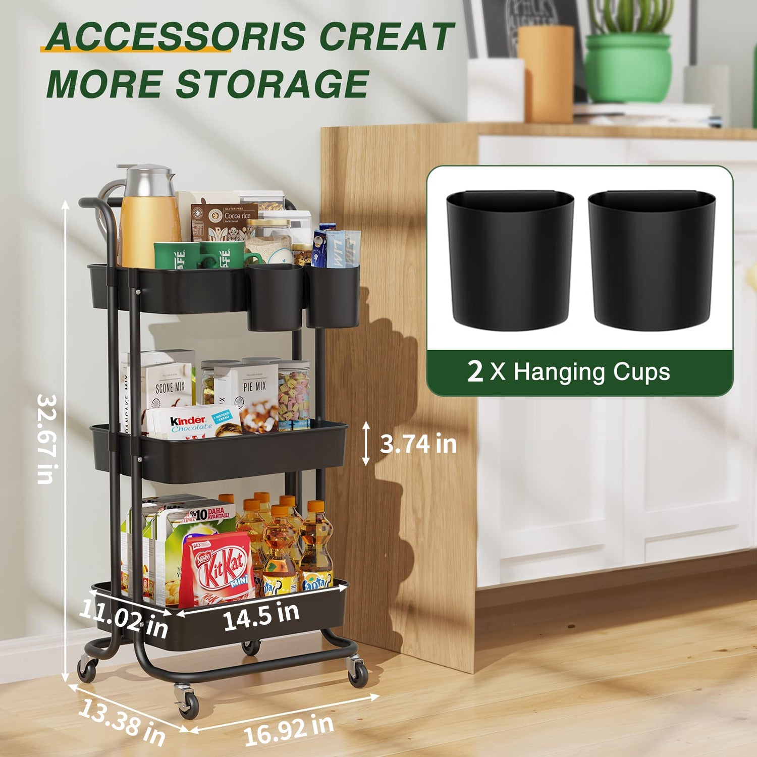 Annvchi Utility Rolling Cart with Wheels3-Tier, Multi-Functional Storage Trolley, Storage Organizer Cart, with Handle Multifunctional Storage Shelves for Kitchen Living Room Office Black