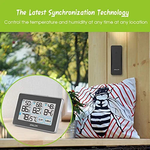 BALDR Digital Wireless Condition Station with 3 Remote Sensors, Real-Time Humidity Meter and Temperature Tracker with LCD, Touchscreen, Built-in Stand and Hanging Slot, 262 ft Max Distance - Black