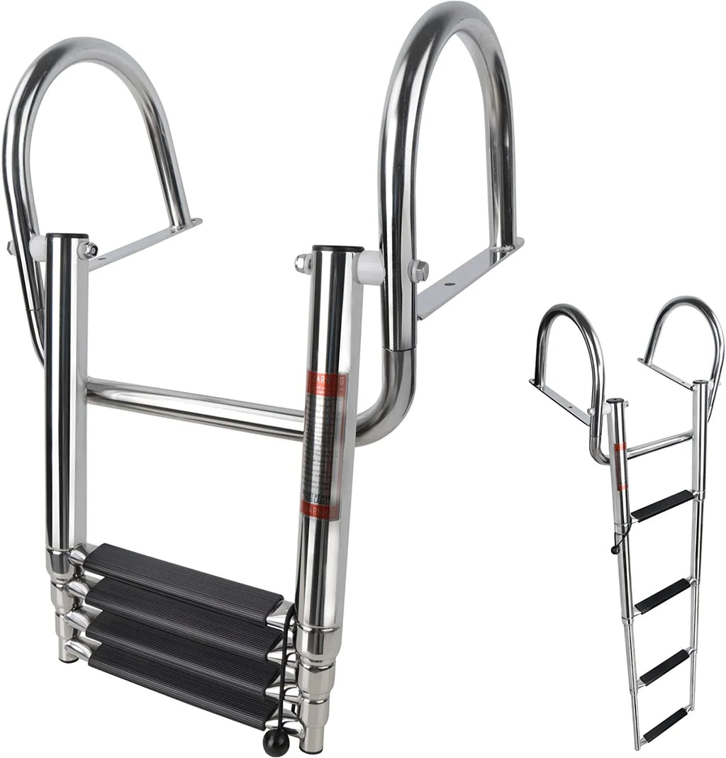 4 Step Pontoon Craft Ladder,Heavy Duty Telescoping Watercraft Boarding Ladder with Wide Steps, Folding Craft Swim Ladder,Dock Ladder with Hand Railings