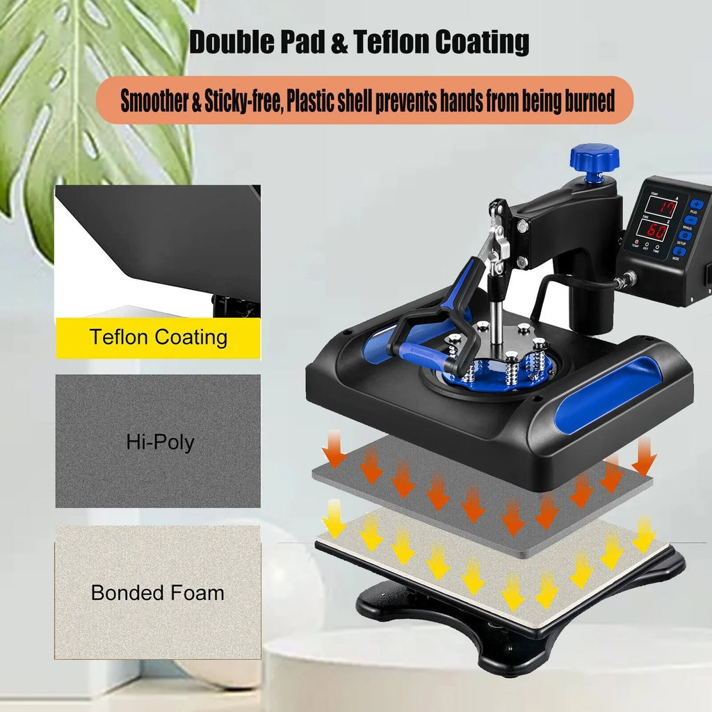 Blue Heat Press Machine 975W, 15 x 15 Inches Sublimation Transfer Printer, Digital Precise LCD Control Printing, 360 Swing Away Vinyl Transfer Printer for T-Shirts, Canvas Bag, Pillow, Banner