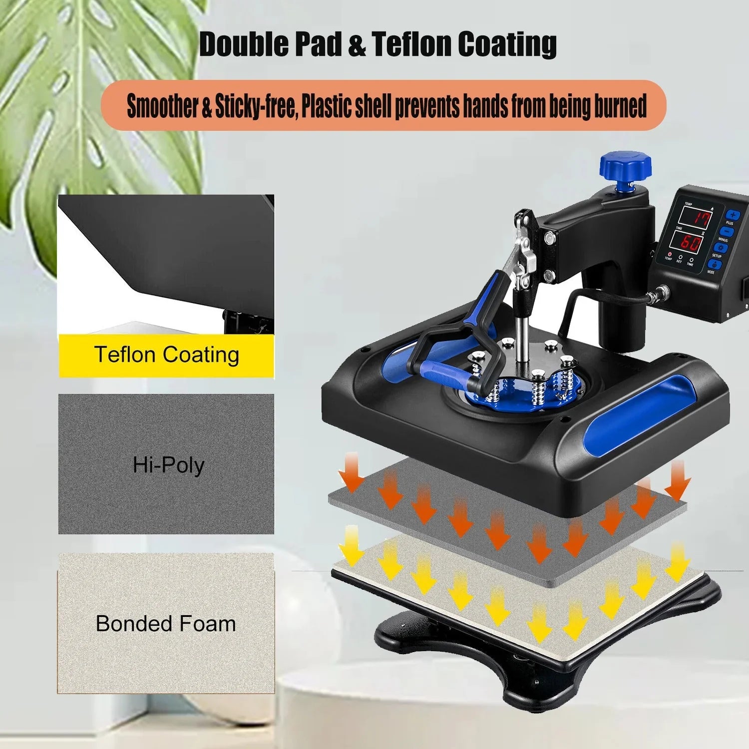 Blue Heat Press Machine 975W, 15 x 15 Inches Sublimation Transfer Printer, Digital Precise LCD Control Printing, 360 Swing Away Vinyl Transfer Printer for T-Shirts, Canvas Bag, Pillow, Banner