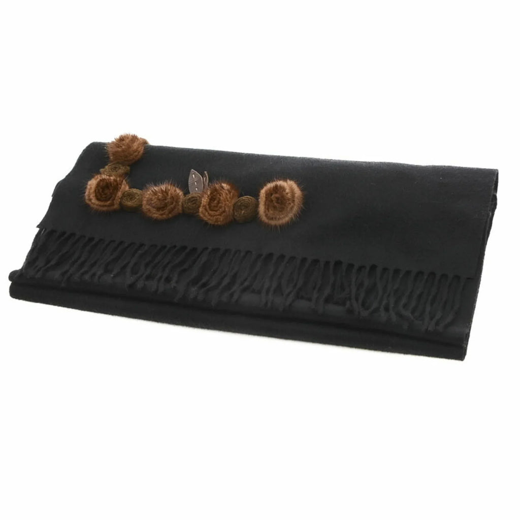 Pre-Owned Fendi Stole Scarf Flower Motif Black 100% Cashmere (Good)