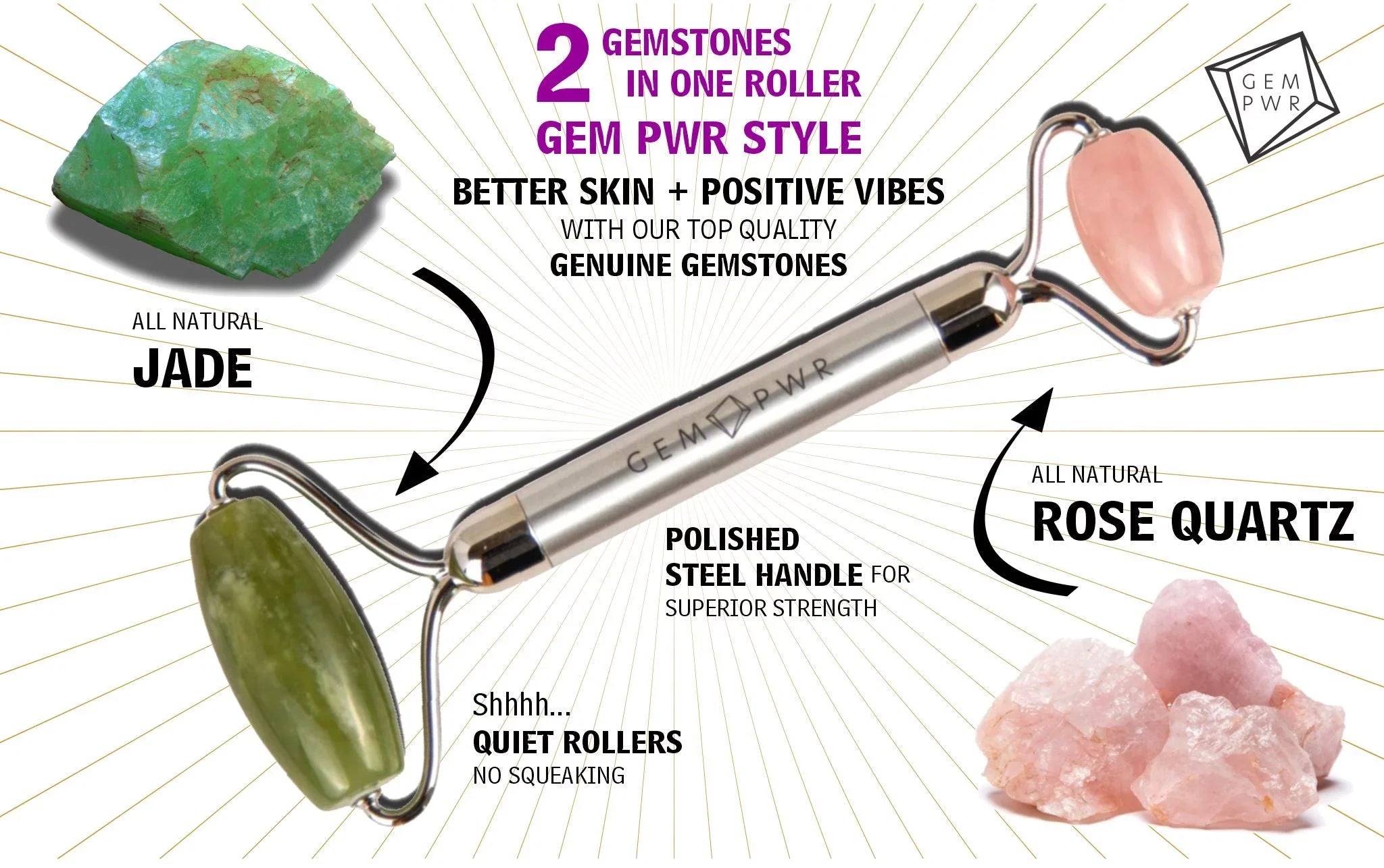 GEM PWR Rose Quartz + Jade Face Roller, Dual Head 2-in-1 with Travel Bag and Strong Steel Handle