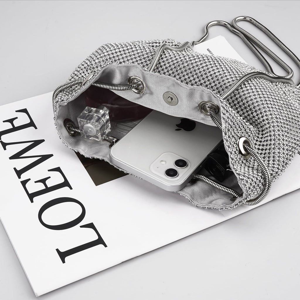 Rhinestone Bucket Bag for Women, Evening Lady Purse, Party Prom Wedding Crossbody Shoulder Handbag (Silver)