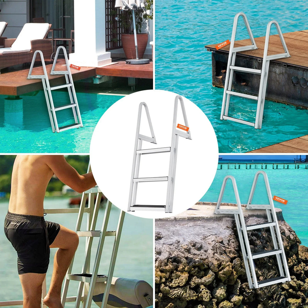 VEVOR Removable 3-Step Dock Ladder - 350 lbs Capacity, Aluminum Alloy with 4'' Wide Nonslip Steps, Simple Installation for Craft Lakes, Pools & Marine Access