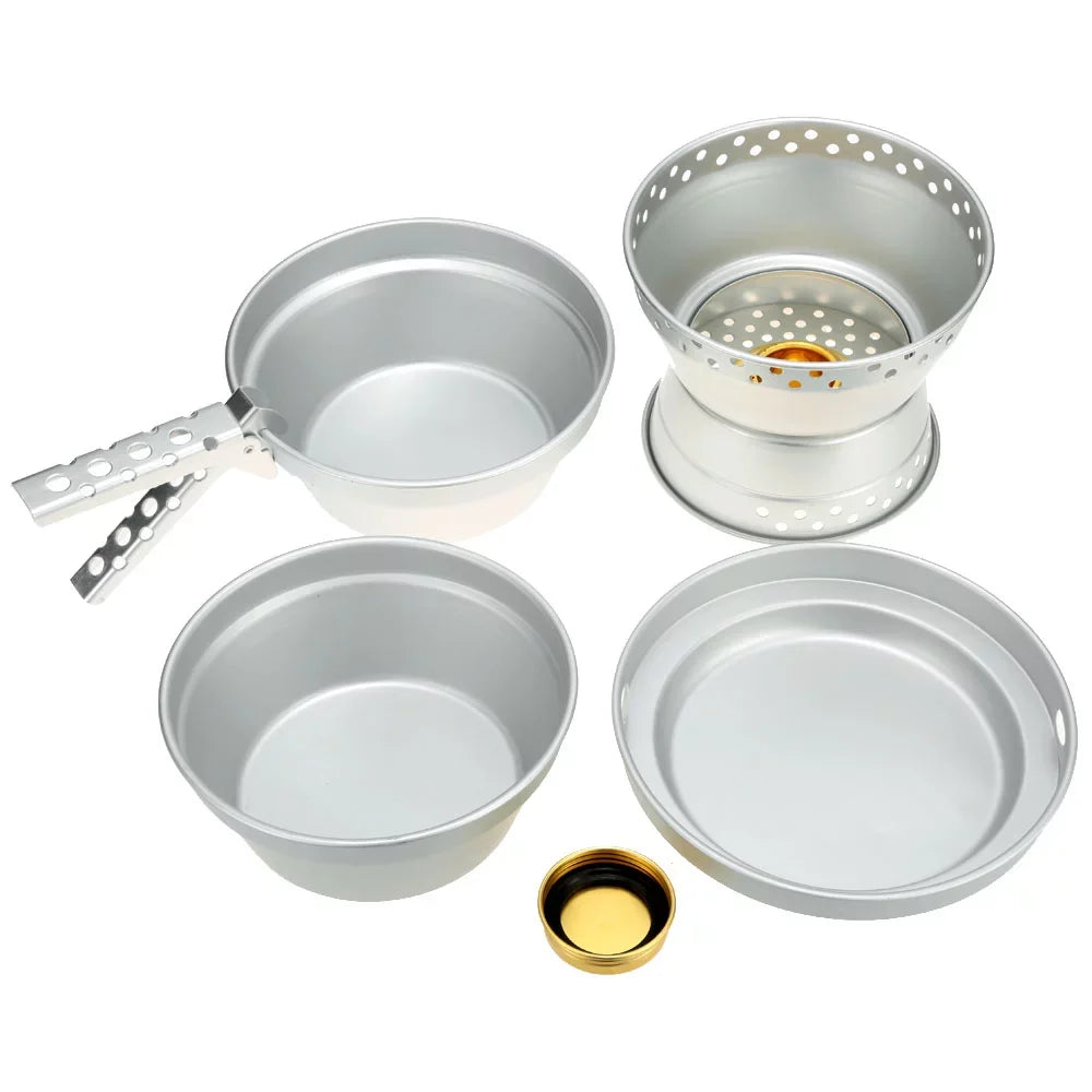 ammoon Cookware Set Portable Camping Stove Spirit with Stand Pot Pan and Gripper for Backpacking Hiking Picnic BBQ