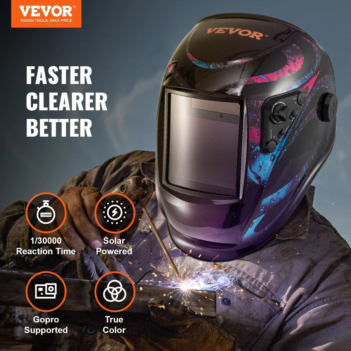 Vevor 5.888 to 13 in. True Color Solar Powered Auto Darkening Welding Helmet for 4-ARC Sensor Wide Shade