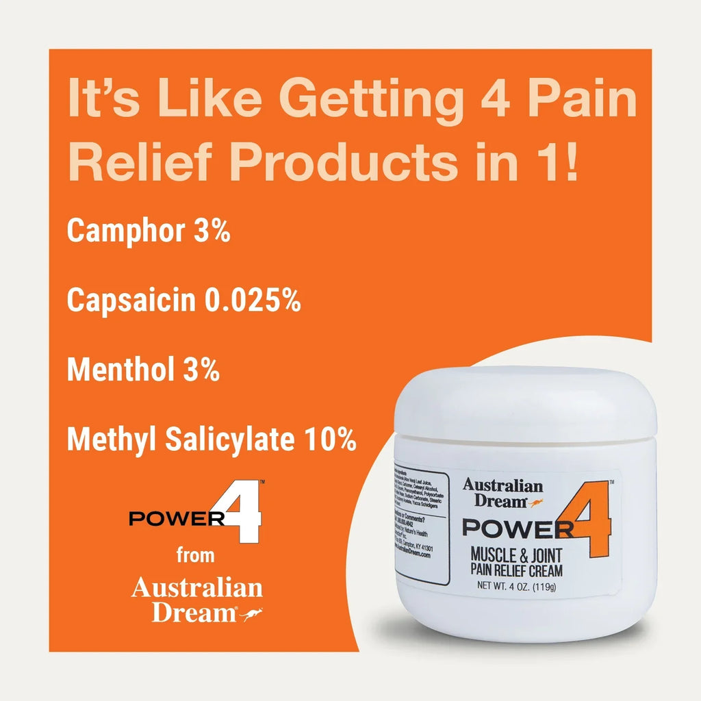 Power 4 - Muscle and Joint Pain Relief Cream - Powerful Topical Pain Relief Cream with Warming & Cooling Sensations - 4oz Jar - By Australian Dream