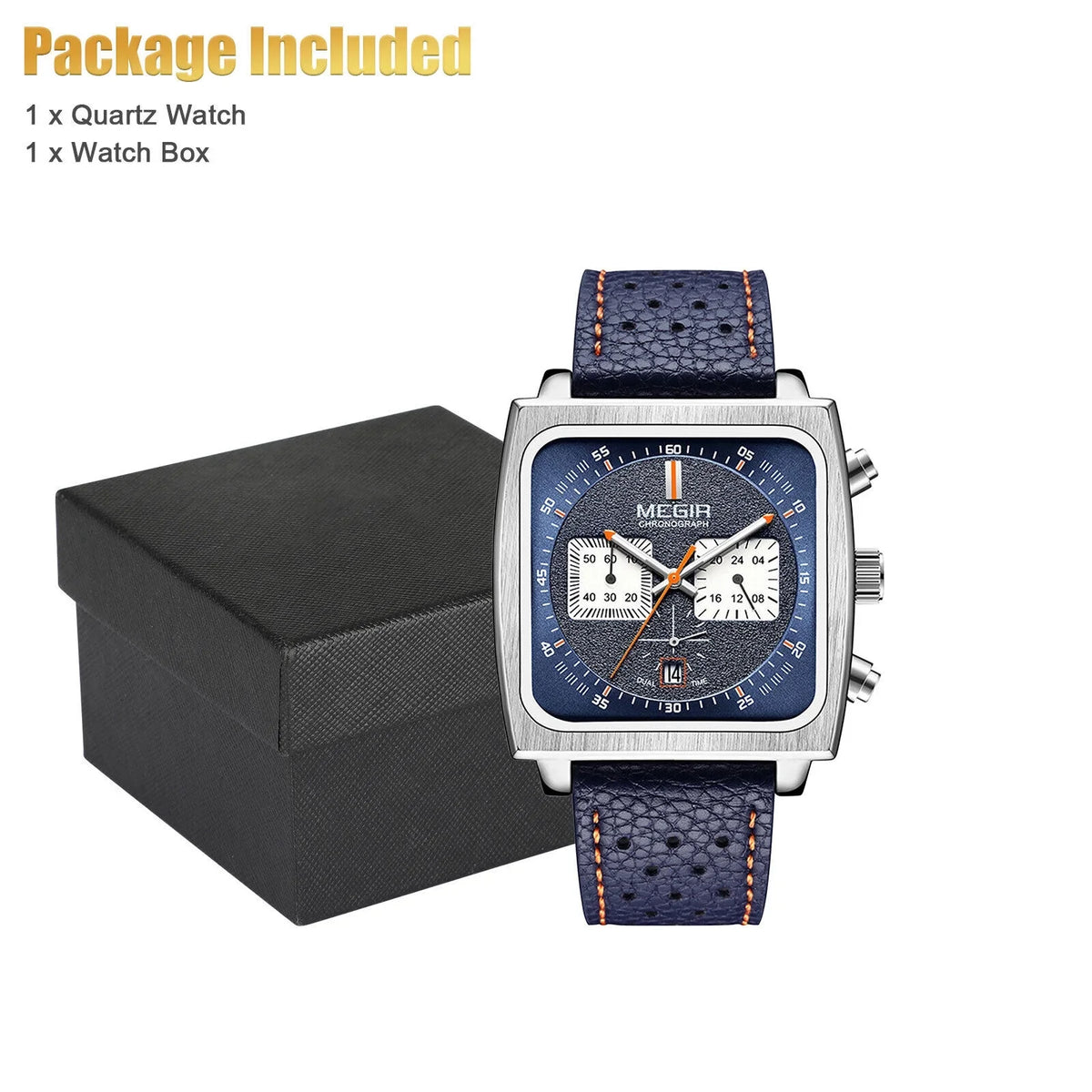 Fashion MEGIR Square Men Watch Luminous Quartz Waterproof Calendar Leather Wrist