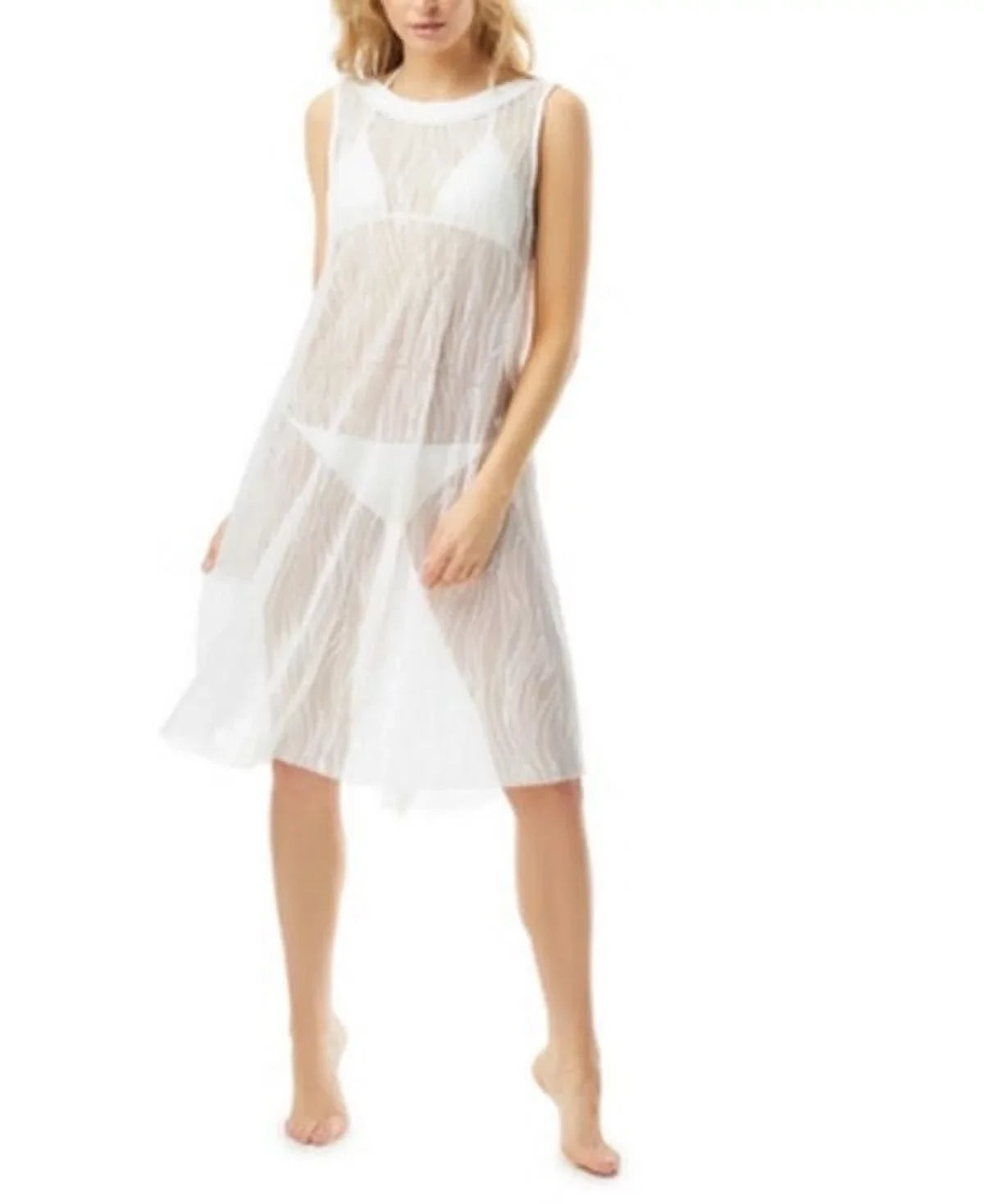 Carmen Marc Valvo White Sequin High-Neck Swim Dress Protection Size XL: XL/White