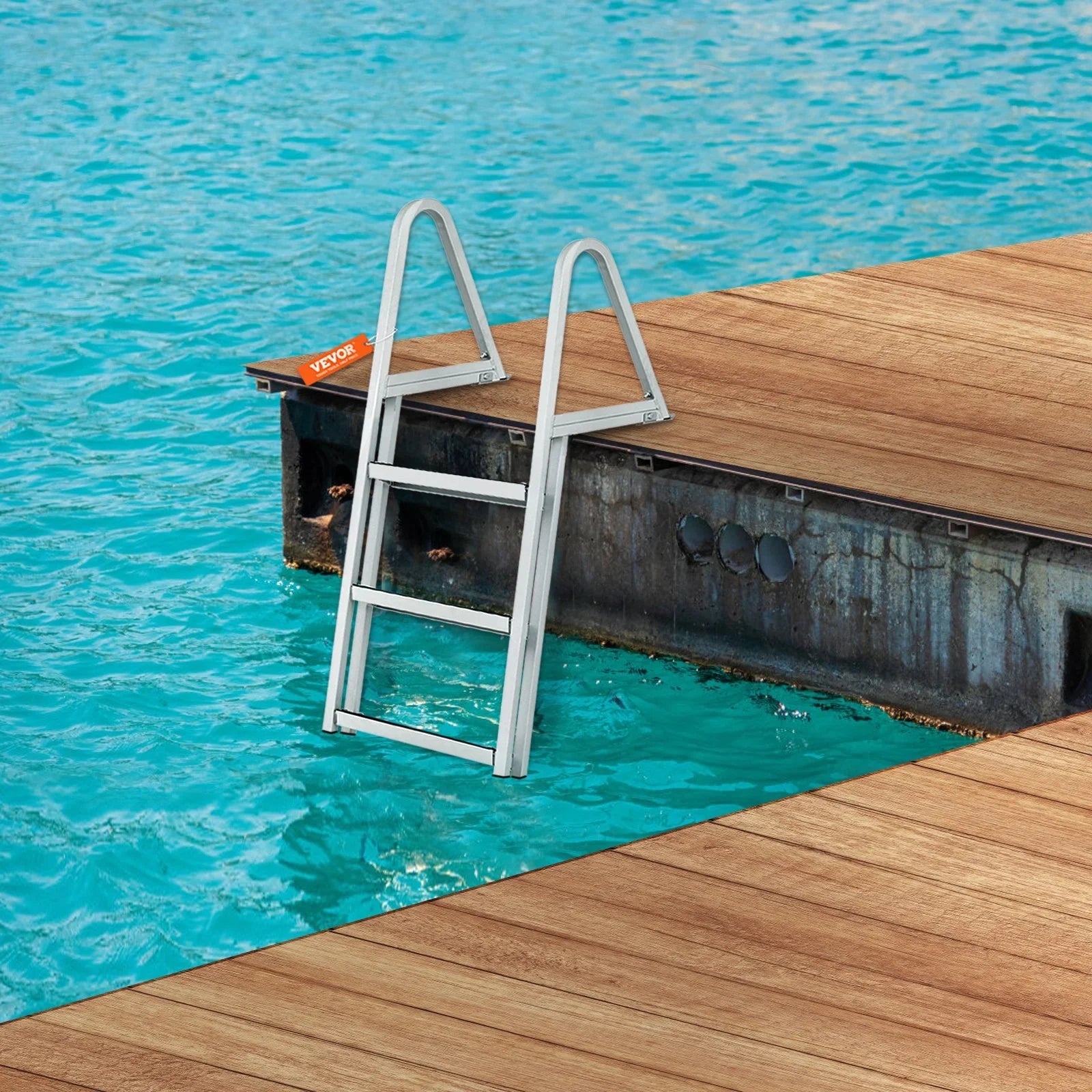 VEVOR Removable 3-Step Dock Ladder - 350 lbs Capacity, Aluminum Alloy with 4'' Wide Nonslip Steps, Simple Installation for Craft Lakes, Pools & Marine Access