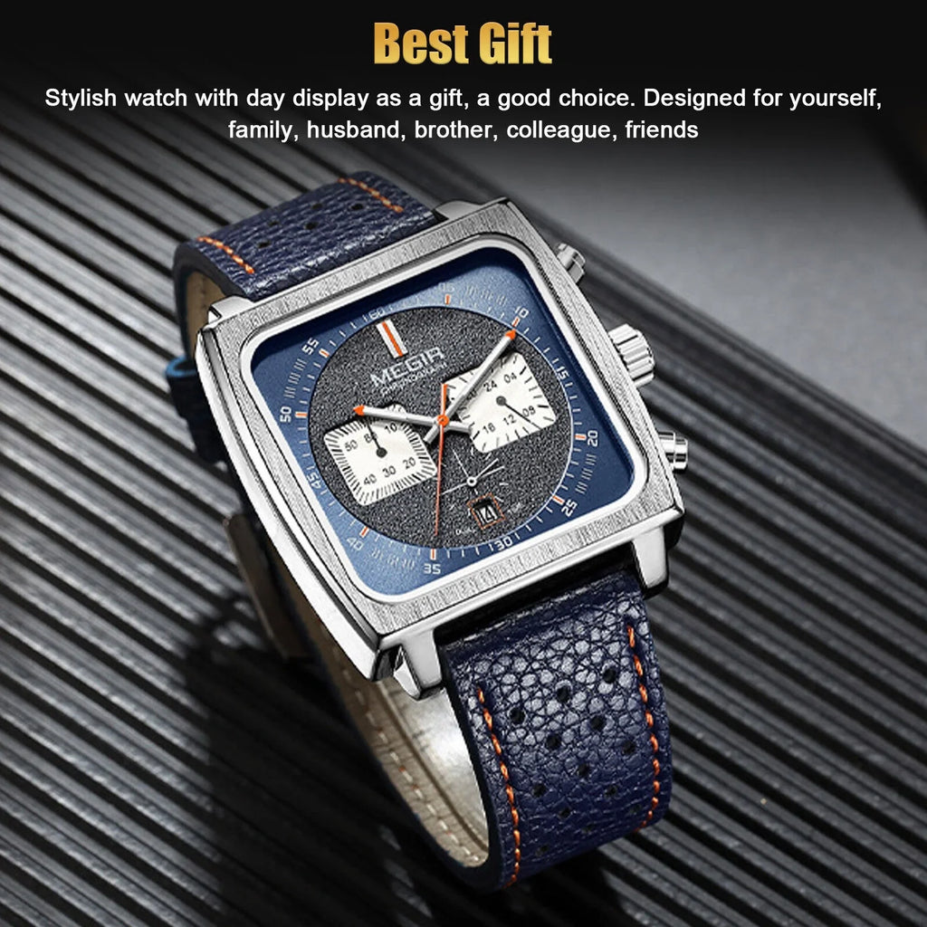 Fashion MEGIR Square Men Watch Luminous Quartz Waterproof Calendar Leather Wrist