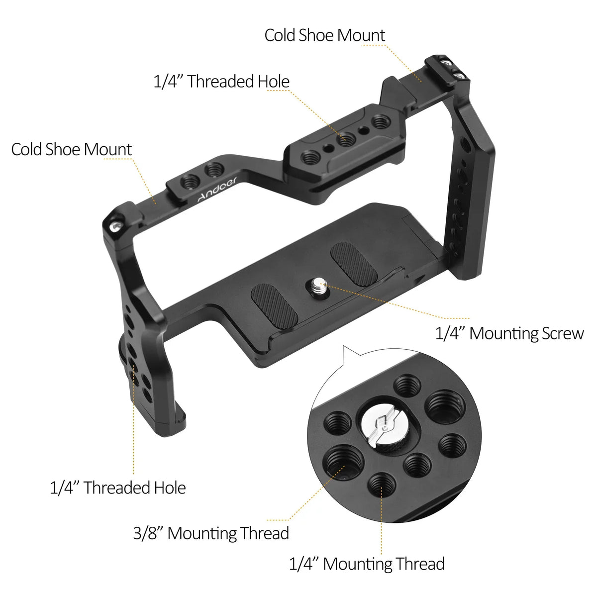 Andoer Cage Aluminum Alloy Video Cage with Dual Cold Shoe Mounts Numerous 14 Inch Threads Replacement for Sony A7IV/ A7III/ A7II/ A7R III/ A7R II/ A7S II