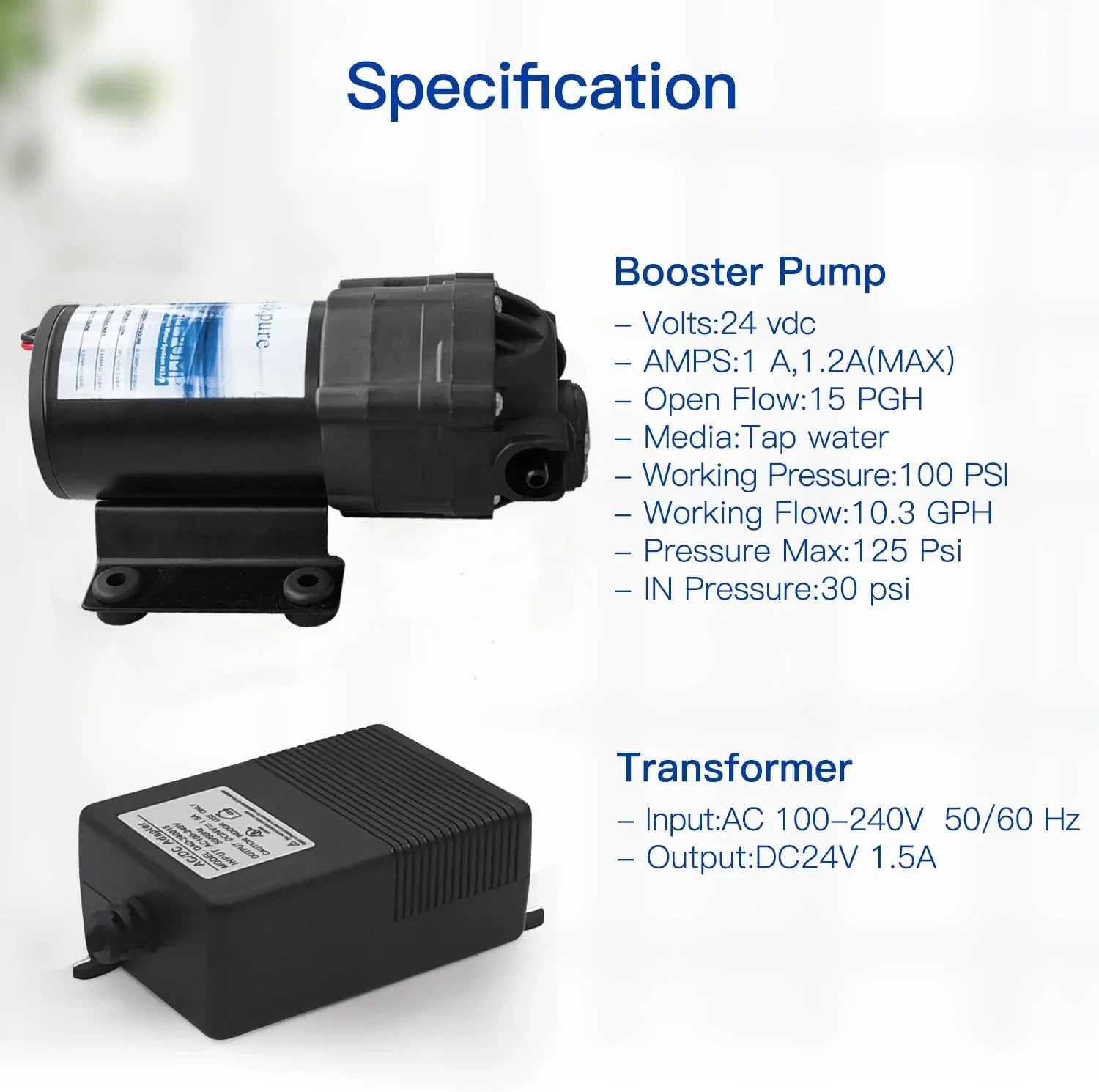 YGDU Reverse Osmosis Booster Pump Kit with Transformer + High and Low Pressure Switches + Fittings for 50-150 GPD RO System