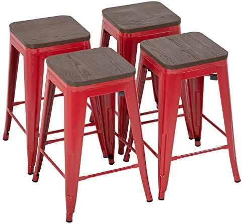 NLTBONNIE 24 Inches Metal Stools Set of 4 Counter Height Wood Seat Barstool Patio Stool Stackable Backless Stool Indoor Outdoor Metal Kitchen Stools Chairs (Red)