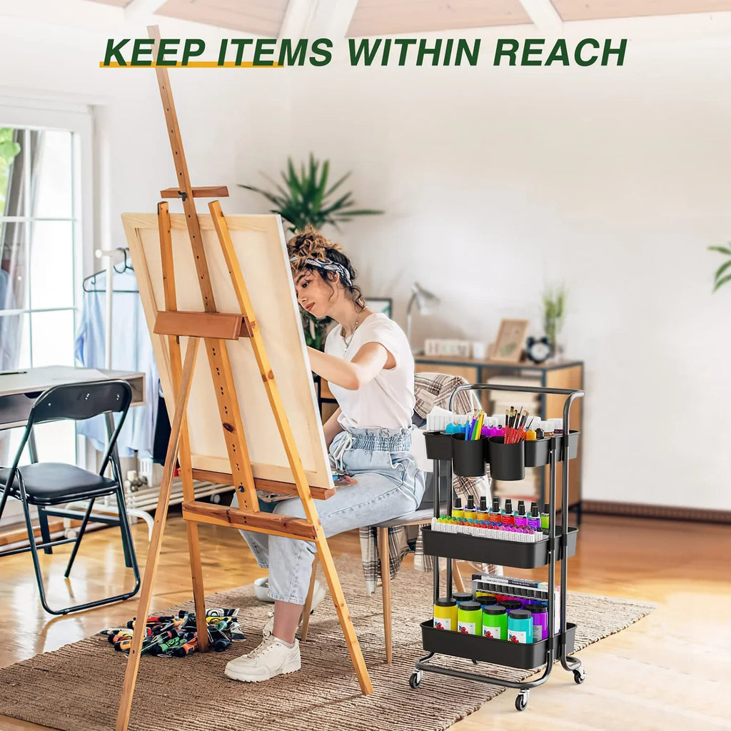 Annvchi Utility Rolling Cart with Wheels3-Tier, Multi-Functional Storage Trolley, Storage Organizer Cart, with Handle Multifunctional Storage Shelves for Kitchen Living Room Office Black