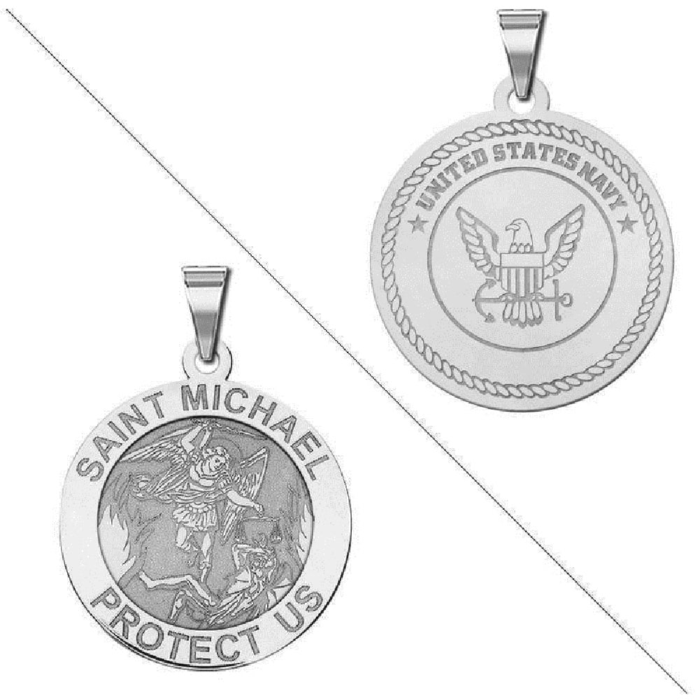 Picturesongold.Com Saint Michael Doubledside Navy Religious Medal Necklace Pendants - 3/4 inch Size of a Nickel - Solid 14K Yellow Gold