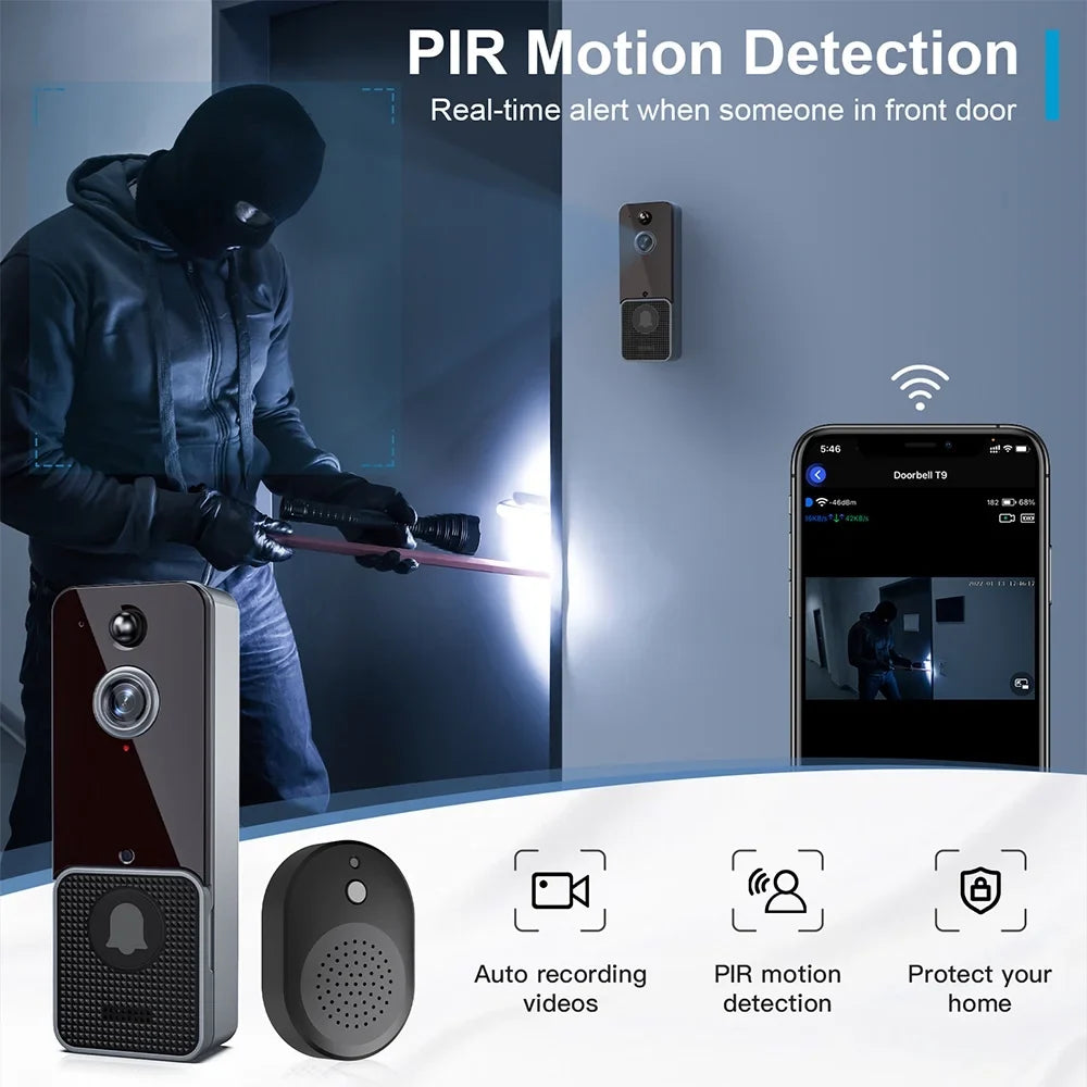 Shinysix Wireless Doorbell Camera with Two Chime, PIR Human Detection and App Alerts, Night Vision, 2-Way Audio-for Home Security