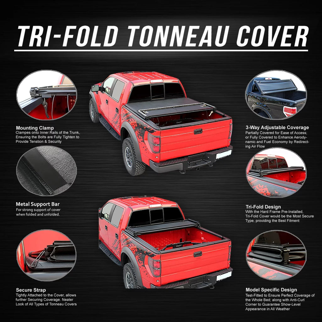 DNA Motoring TTC-TRISOFT-090 For 2019 to 2021 Ford Ranger 5Ft Short Bed Adjustable Matte Black Aluminum Frame Vinly Tri -Fold Soft Top Trunk Tonneau Protection 20