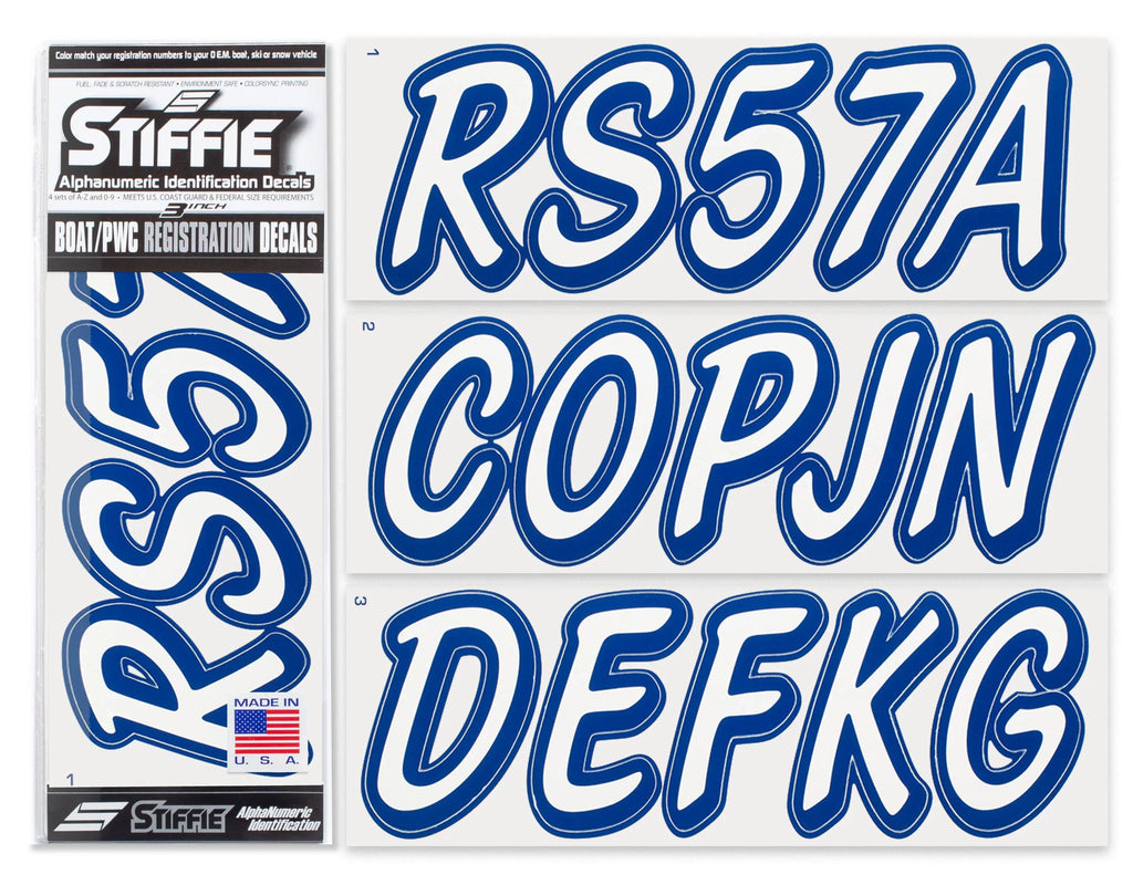 STIFFIE Whipline Solid White/Navy 3" Alpha-Numeric Registration Identification Numbers Stickers Decals for Vessel & Personal Watercraft