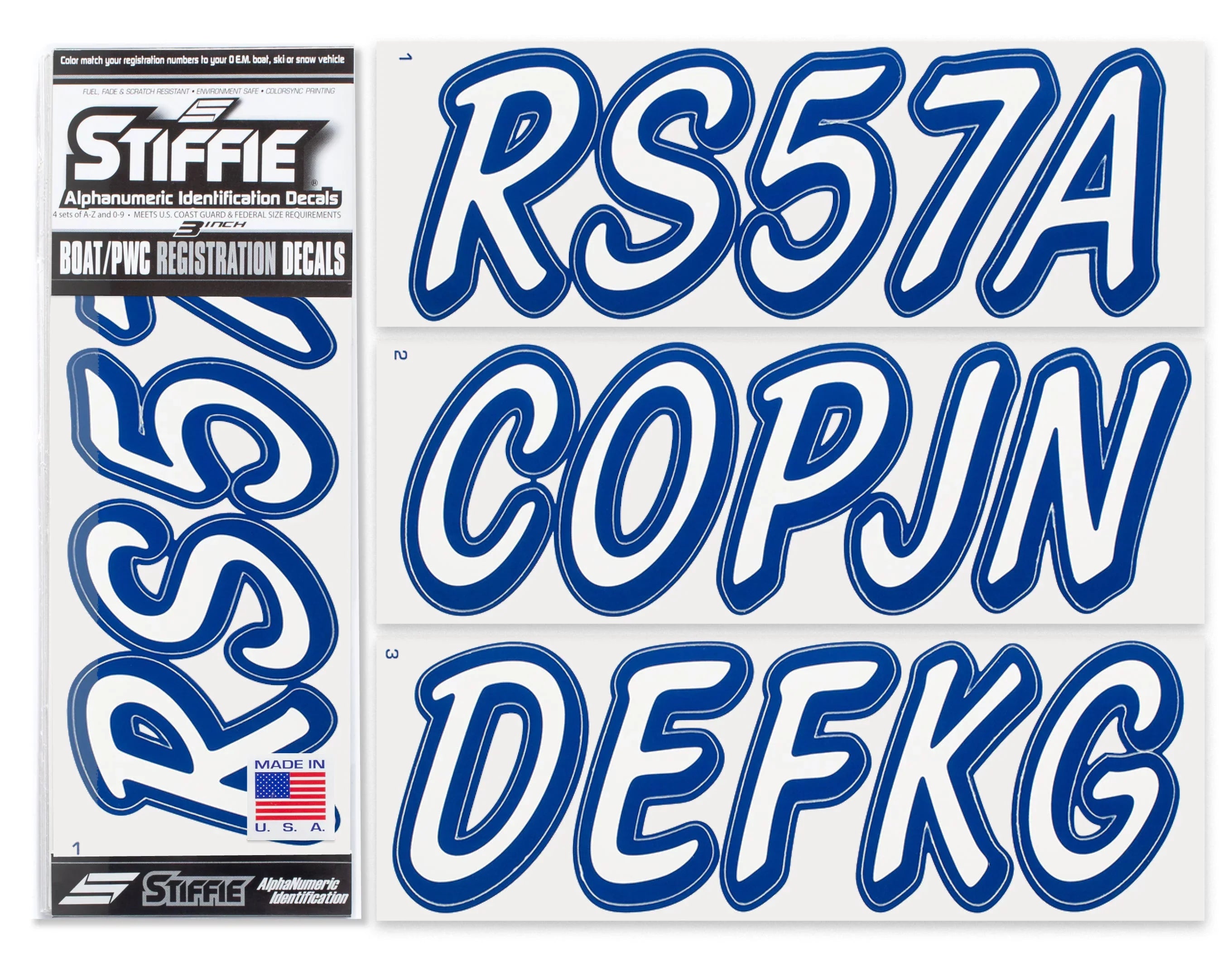 STIFFIE Whipline Solid White/Navy 3" Alpha-Numeric Registration Identification Numbers Stickers Decals for Vessel & Personal Watercraft