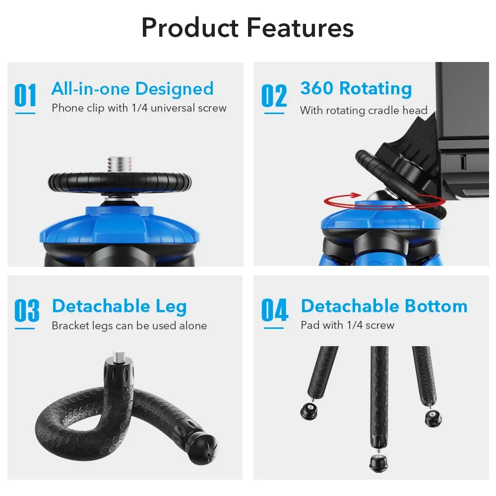 APEXEL APL-JJ07 Detachable Flexible Octopus Tripod Portable Travel Mobile Phone Tripod with Foldable Phone Clip Matching with DSLR Max Load 3kg