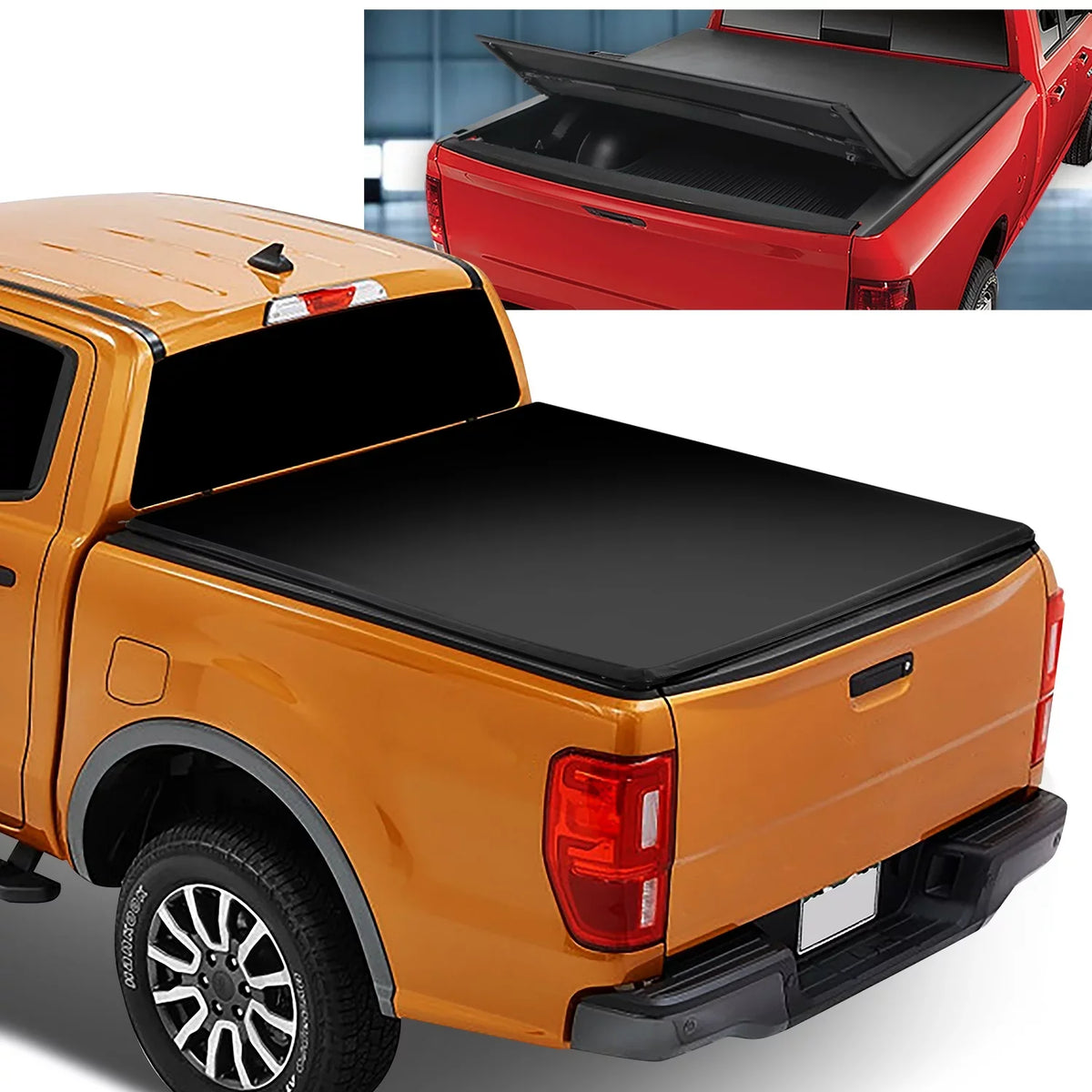 DNA Motoring TTC-TRISOFT-090 For 2019 to 2021 Ford Ranger 5Ft Short Bed Adjustable Matte Black Aluminum Frame Vinly Tri -Fold Soft Top Trunk Tonneau Protection 20