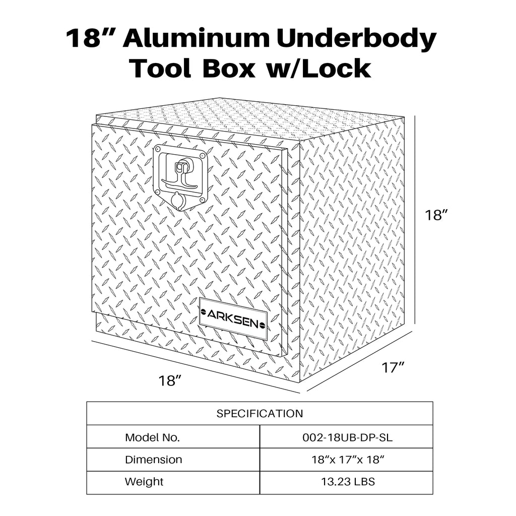 ARKSEN 18" Aluminum Truck Underbody Diamond Plate ToolBox w/ T-Handle Latch Strong Pickup Trailer Storage Organizer Tool Box Key Lock, Silver