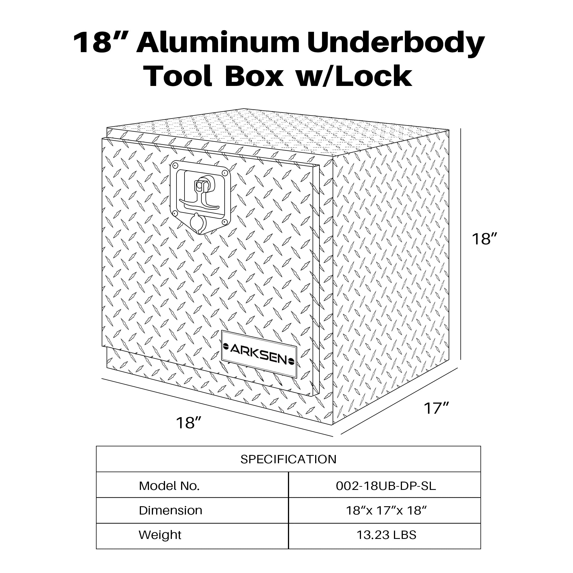 ARKSEN 18" Aluminum Truck Underbody Diamond Plate ToolBox w/ T-Handle Latch Strong Pickup Trailer Storage Organizer Tool Box Key Lock, Silver