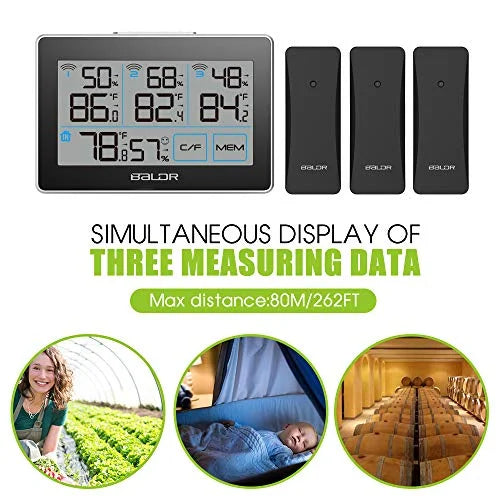 BALDR Digital Wireless Condition Station with 3 Remote Sensors, Real-Time Humidity Meter and Temperature Tracker with LCD, Touchscreen, Built-in Stand and Hanging Slot, 262 ft Max Distance - Black