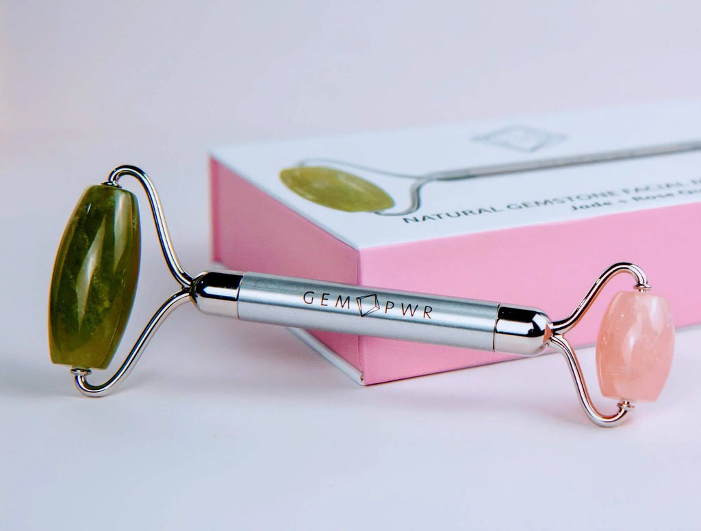 GEM PWR Rose Quartz + Jade Face Roller, Dual Head 2-in-1 with Travel Bag and Strong Steel Handle