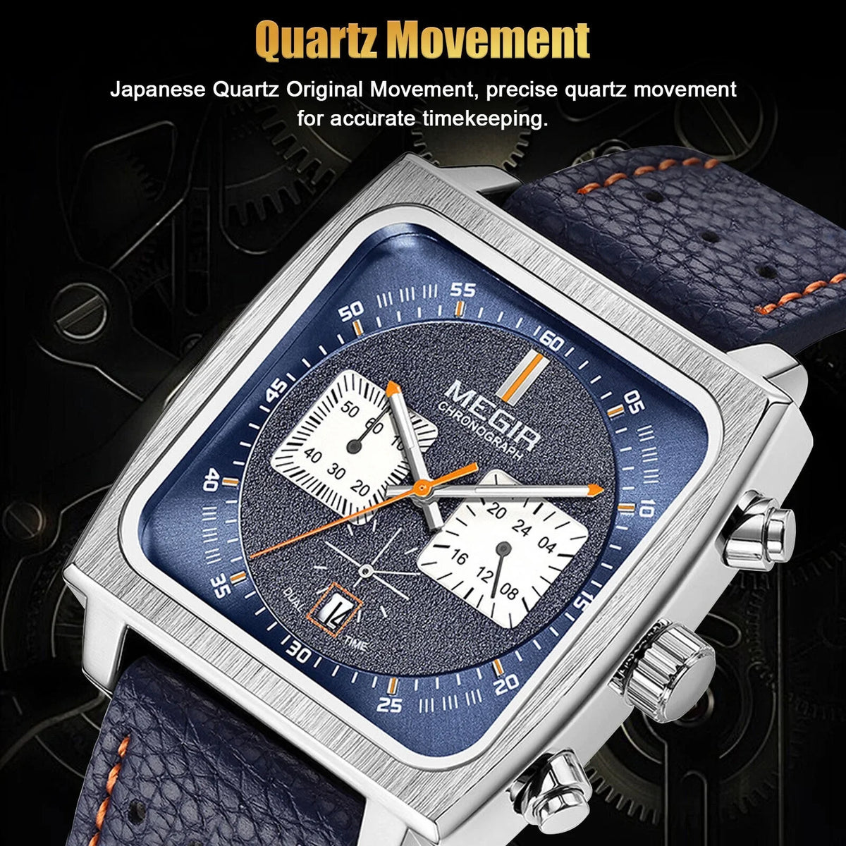 Fashion MEGIR Square Men Watch Luminous Quartz Waterproof Calendar Leather Wrist
