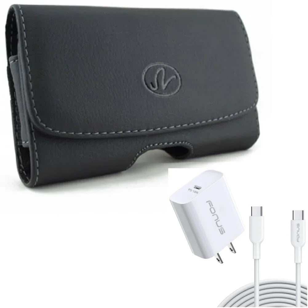 10ft Long Cable Fast Type-C 18W PD Home Charger w Swivel Leather Case Belt Clip for Samsung Galaxy Shield Pro S9 Plus S8 Plus S22 Plus S21 Plus S20 Plus S10 Plus FieldPro Fan Edition FE 5G