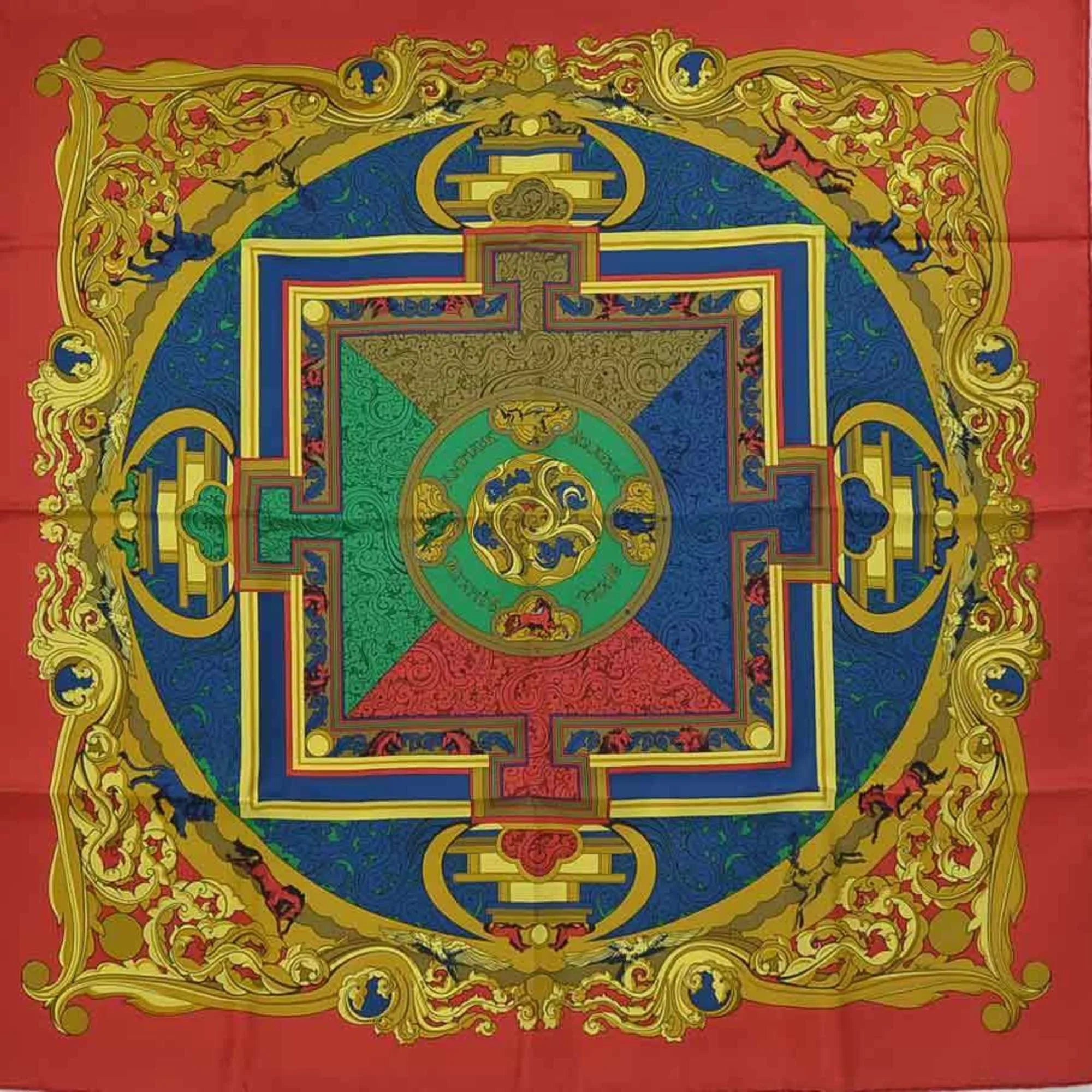 Pre-Owned Hermes HERMES Scarf Carre 90 ANIMAUX SOLAIRES Silk Red/Multicolor Women's (Good)