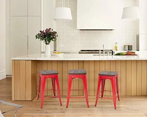 NLTBONNIE 24 Inches Metal Stools Set of 4 Counter Height Wood Seat Barstool Patio Stool Stackable Backless Stool Indoor Outdoor Metal Kitchen Stools Chairs (Red)