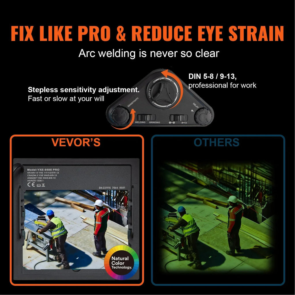 Vevor 5.888 to 13 in. True Color Solar Powered Auto Darkening Welding Helmet for 4-ARC Sensor Wide Shade