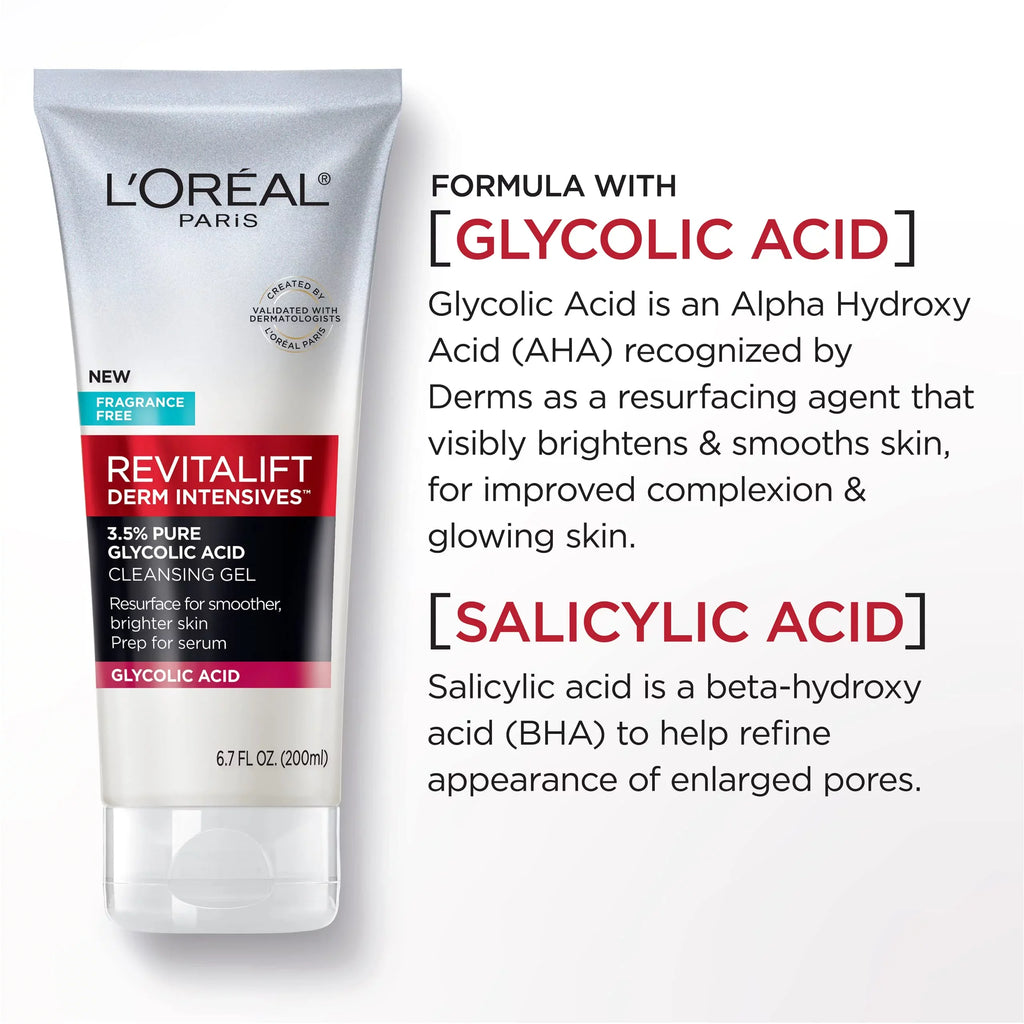 L,Oreal Paris Revitalift 3.5% Pure Glycolic Acid Brightening Cleansing Gel Wth Salicylic Acid 6.7 Fl Oz