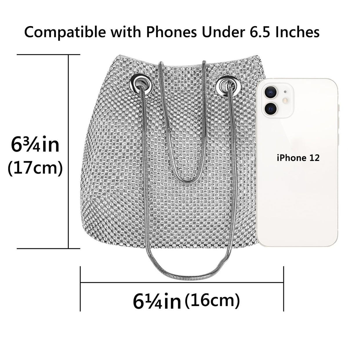 Rhinestone Bucket Bag for Women, Evening Lady Purse, Party Prom Wedding Crossbody Shoulder Handbag (Silver)