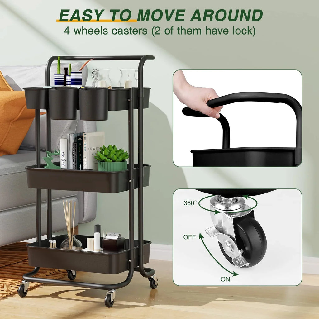 Annvchi Utility Rolling Cart with Wheels3-Tier, Multi-Functional Storage Trolley, Storage Organizer Cart, with Handle Multifunctional Storage Shelves for Kitchen Living Room Office Black