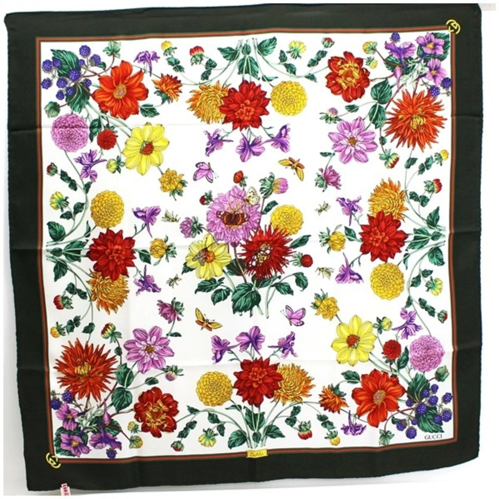 Pre-Owned Gucci Old Silk Scarf Muffler Stole White x Khaki Dahlia GUCCI Women's Flower (Good)