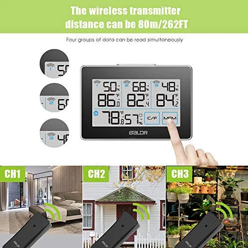 BALDR Digital Wireless Condition Station with 3 Remote Sensors, Real-Time Humidity Meter and Temperature Tracker with LCD, Touchscreen, Built-in Stand and Hanging Slot, 262 ft Max Distance - Black