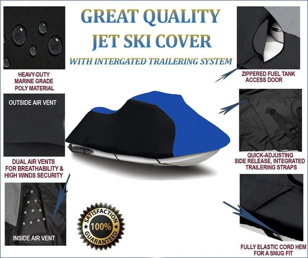 BLACK / BLUE HEAVY-DUTY, 600 DENIER PWC Jet Ski Shield Matching for Kawasaki 1200 STX-R 2002 2003 2004 2005 Trailerable