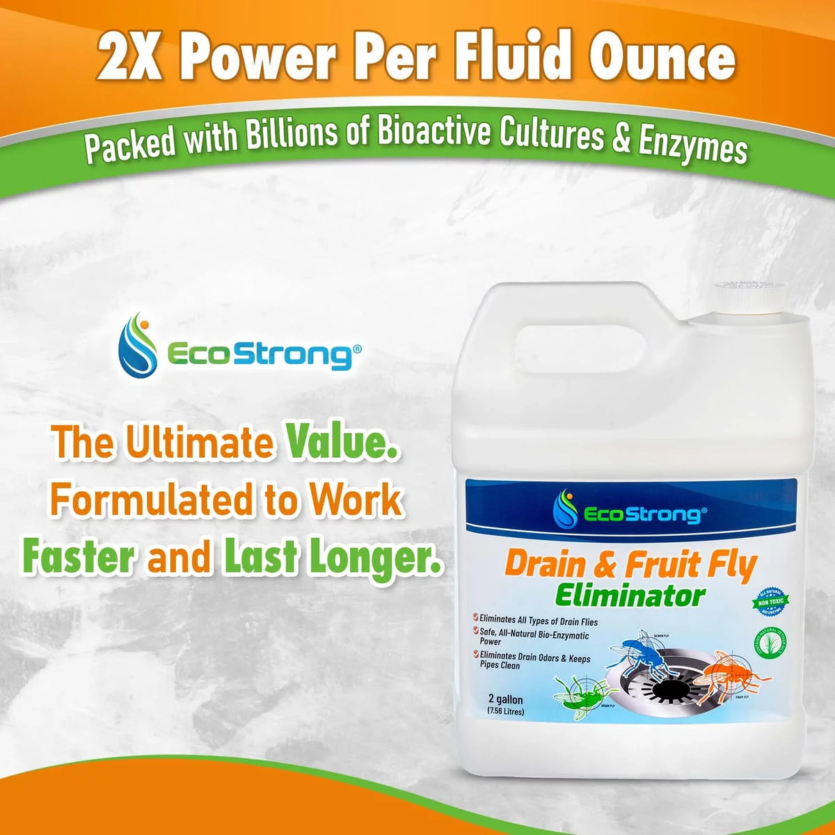Fruit Fly Drain Treatment, Drain Fly Eliminator, Eliminates Gnats, Sewer Flies With EcoStrong - 2 Gallon