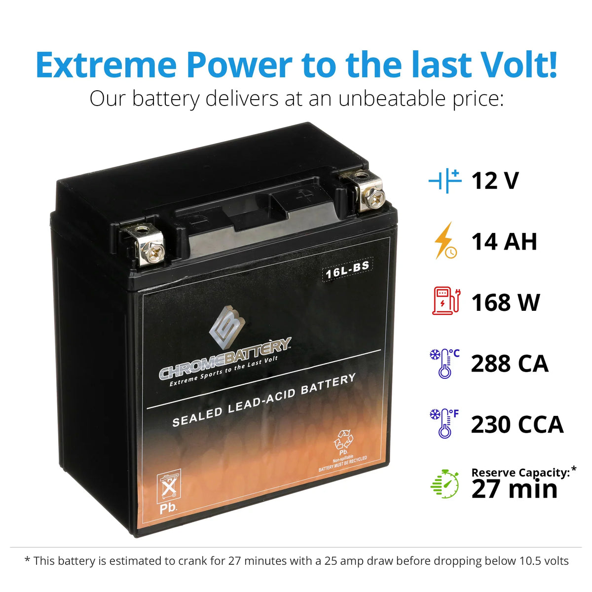 Chrome Battery Ytx16l-bs (16l-bs 12 Volts,14 Ah, 230 Cca) Jet Ski Battery for Kawasaki Js650 Sx 1988