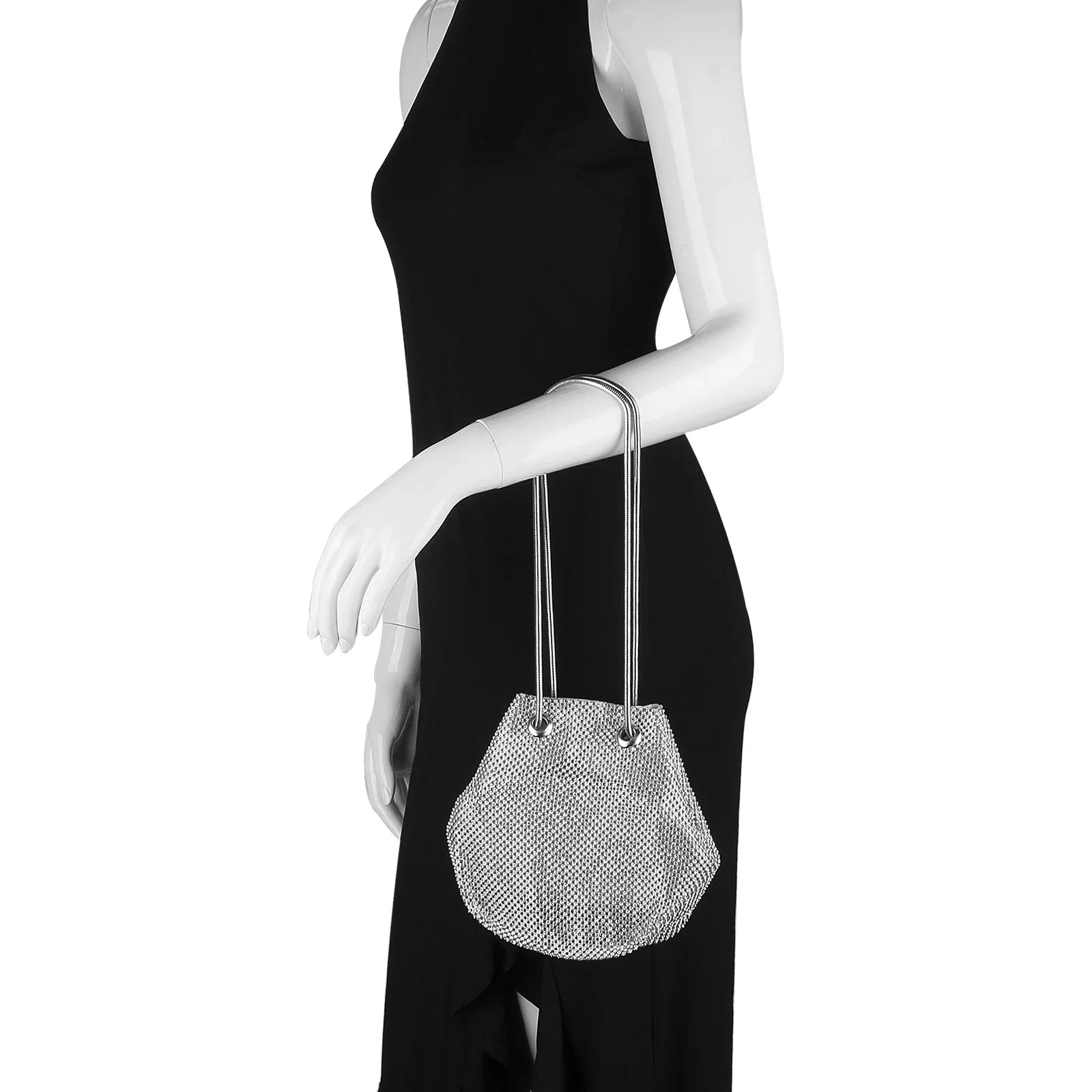 Rhinestone Bucket Bag for Women, Evening Lady Purse, Party Prom Wedding Crossbody Shoulder Handbag (Silver)