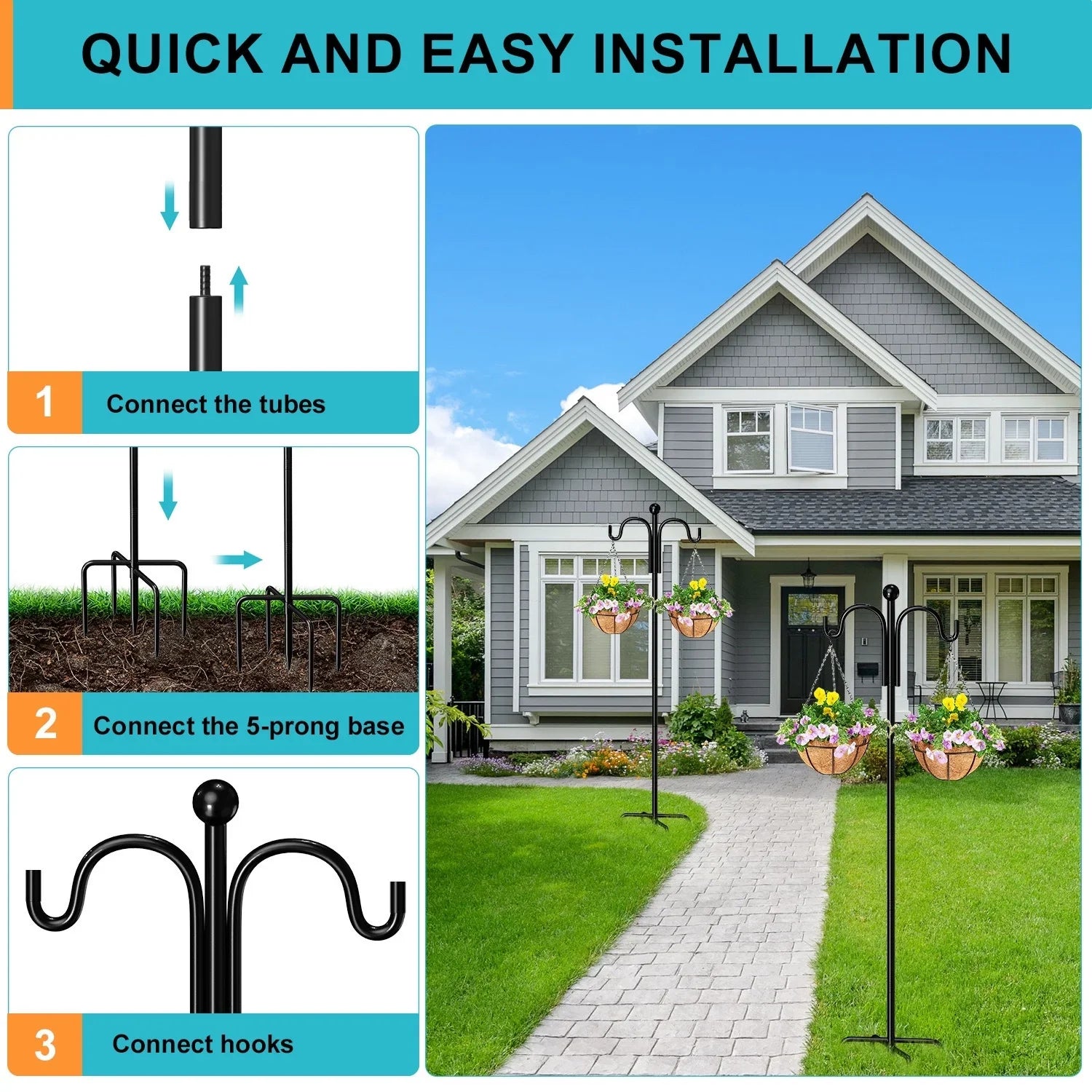 Shepherds Hooks for Outdoor, 76" Double Bird Feeder Poles with 5 Prongs, Upgraded Outdoor Plant Hanger Hooks for Bird Feeder, Plant Baskets(2 Pack)