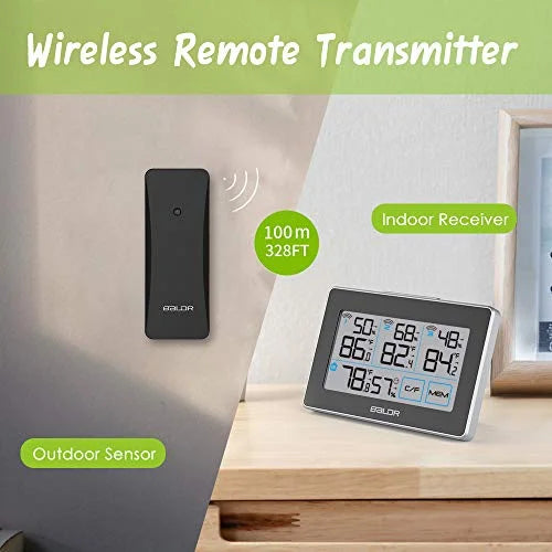 BALDR Digital Wireless Condition Station with 3 Remote Sensors, Real-Time Humidity Meter and Temperature Tracker with LCD, Touchscreen, Built-in Stand and Hanging Slot, 262 ft Max Distance - Black