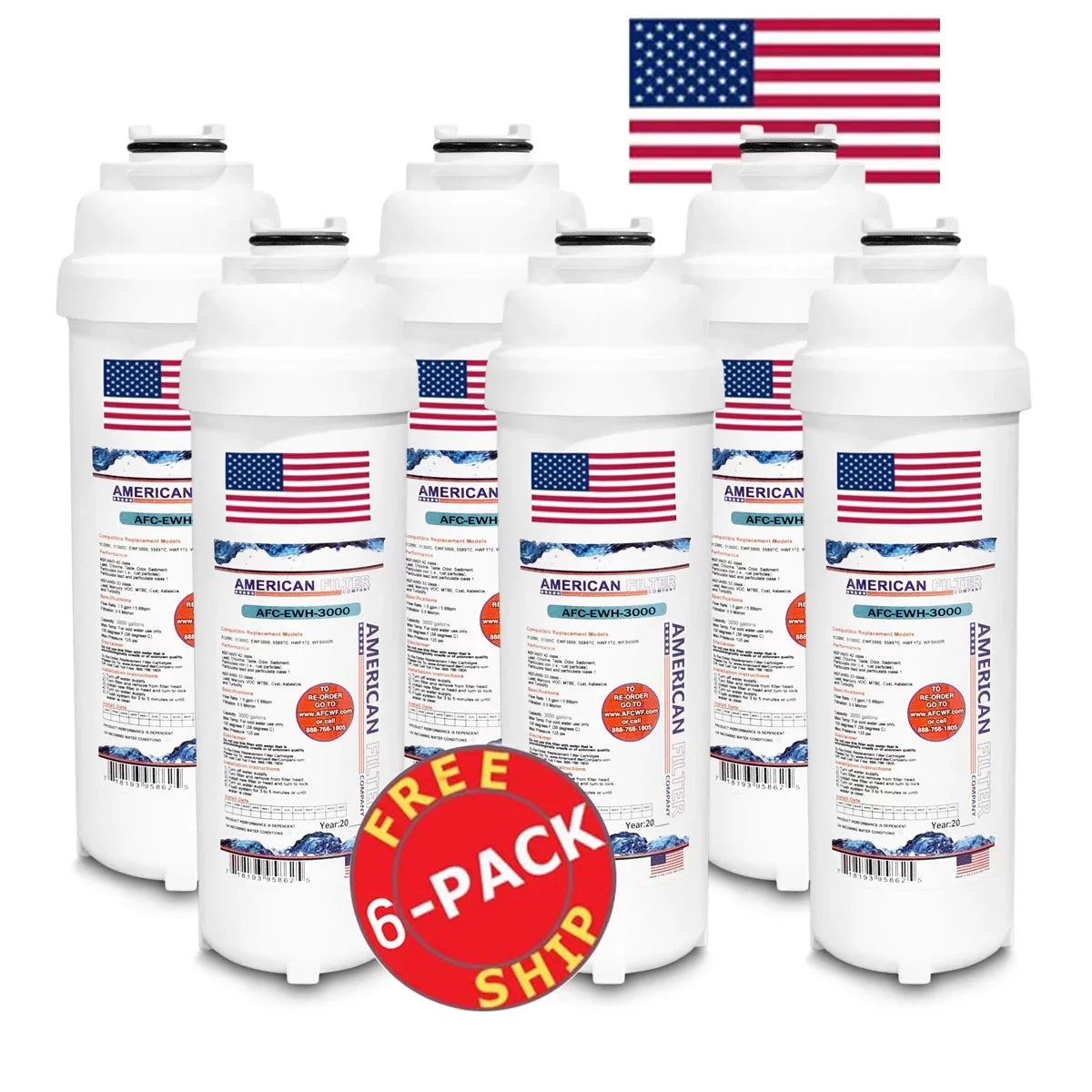 AFC Brand , Water Filters , Model # AFC-EWH-3000 , Fitting with WaterSentry® HTVZ8SS-WF - 6 Pack - Made in U.S.A.